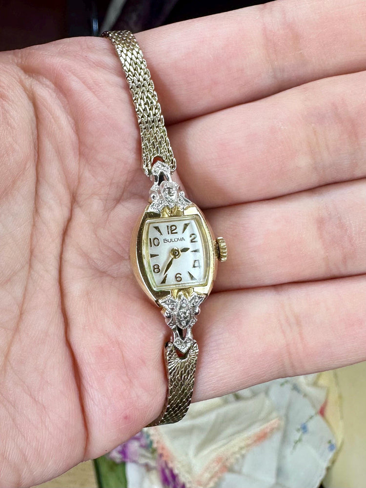 Beautiful 1950's Style Ladies Bulova Manual Watch 10K GFP with 2 Diamond Chips