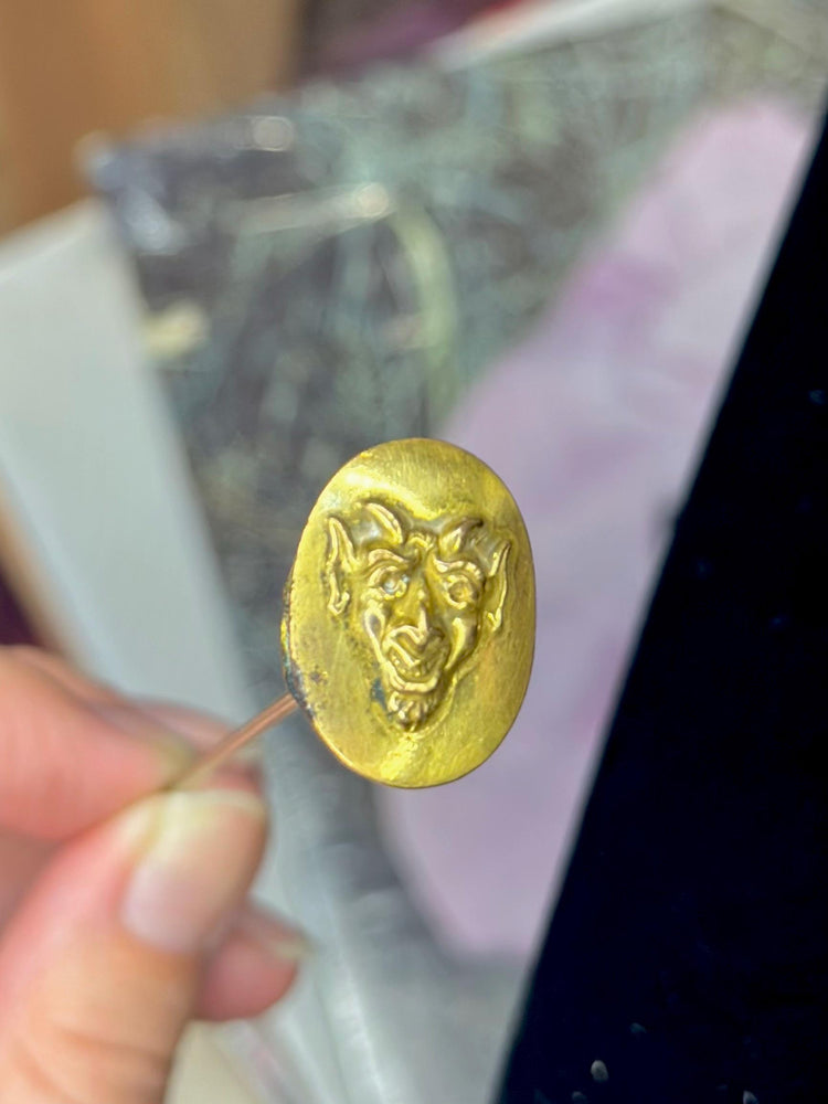 Antique Art Noveau Ultra Rare and Unique Gold Tone Brass Extra Long Devil Satan Hat Pin Stick