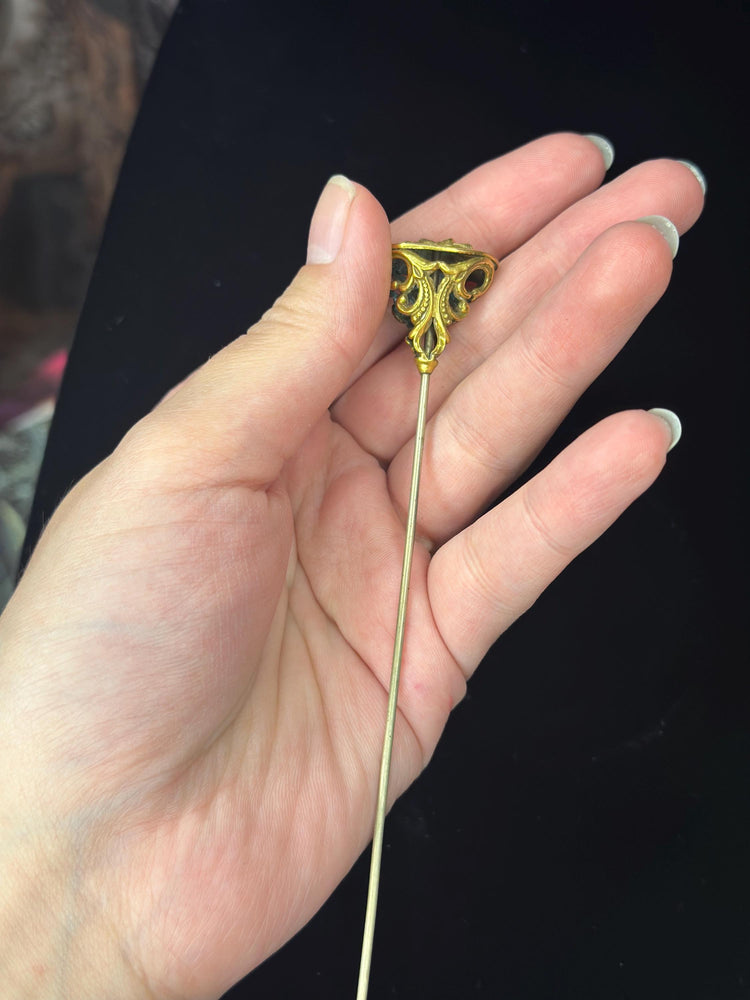 Antique Art Noveau Ultra Rare and Unique Gold Tone Brass Extra Long Devil Satan Hat Pin Stick