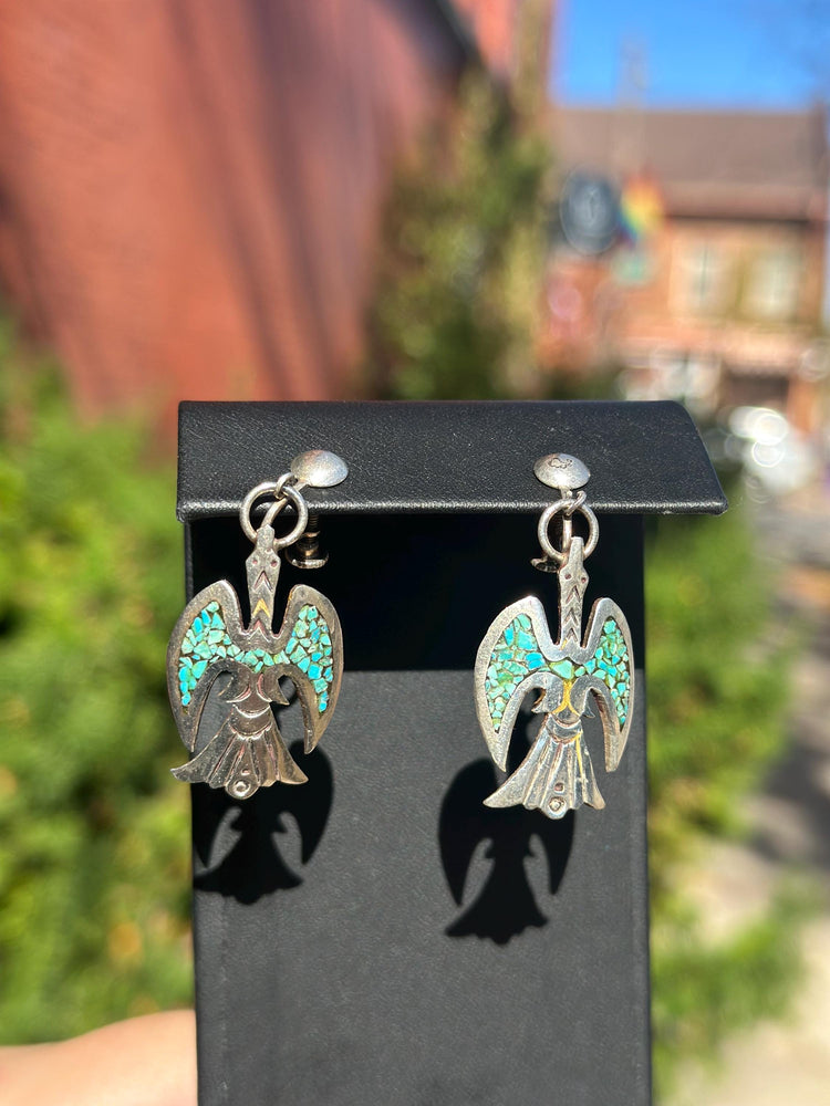 Vintage Sterling Silver JD Turquoise Navajo Chip Fire Bird Screw Back Earrings