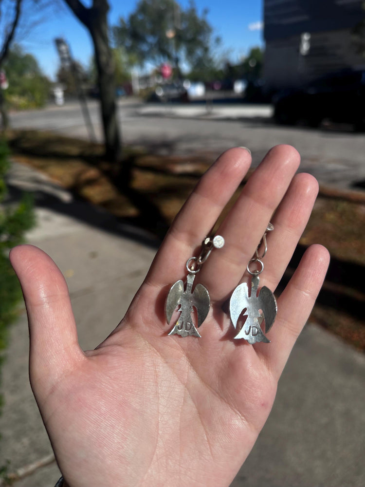 Vintage Sterling Silver JD Turquoise Navajo Chip Fire Bird Screw Back Earrings