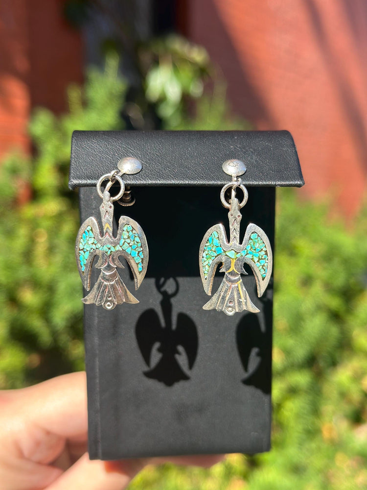 Vintage Sterling Silver JD Turquoise Navajo Chip Fire Bird Screw Back Earrings