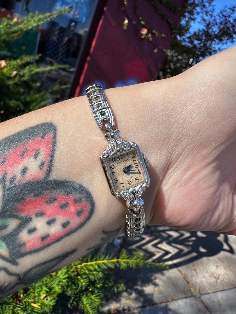Antique 1950's Women's MCM 14K White Gold and Diamond Hamilton Manual Watch Works