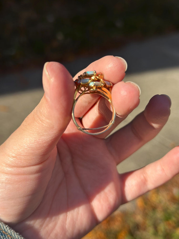 KAOS 1960s Vintage Statement Opal Cocktail Asymetrical Ring Gold Plated with Sizer about size  7