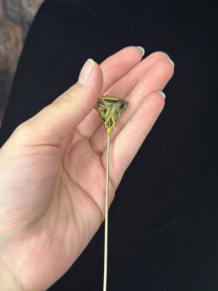 Antique Art Noveau Ultra Rare and Unique Gold Tone Brass Extra Long Devil Satan Hat Pin Stick