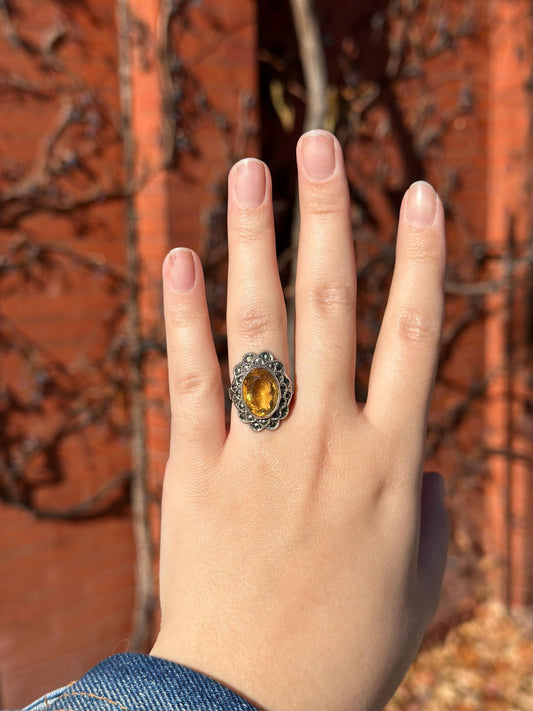 Antique Art Deco 1930s Vintage Citrine and Marcasite Stamped Sterling Silver Ring Uncas Size 5.5