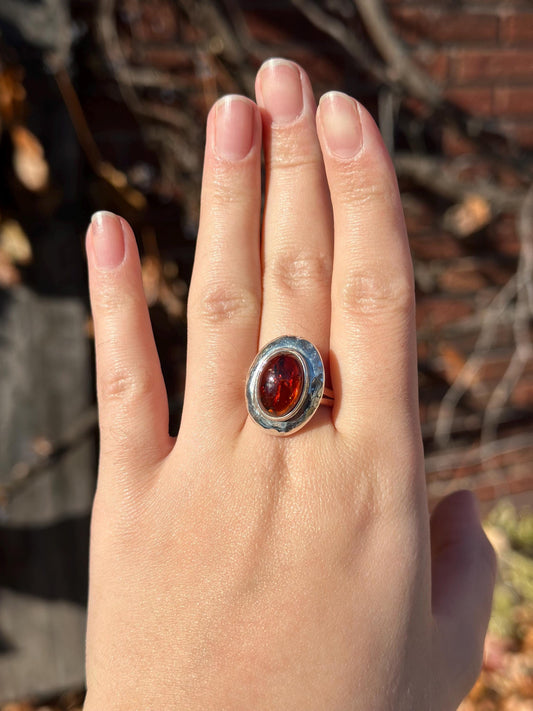 Vintage 1990s Whimsigoth Beautiful HUGE piece of Amber Dominique Dinoart DDD Sterling Silver Ring Size 9