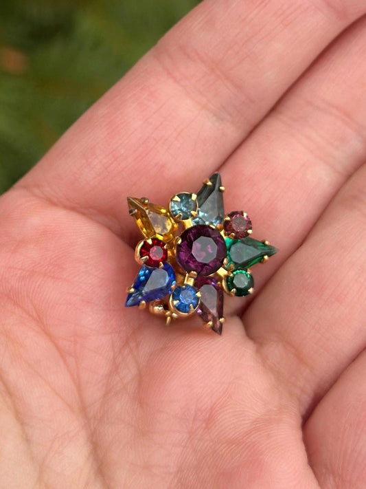 1950's Small Star Gold Tone Fruit Salad Faceted Rhinestone Brooch Small Star Christmas