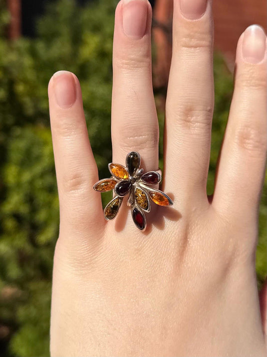 Vintage 1990s Whimsigoth Floral Natural Amber Floral Sterling Silver Ring Size 7 Unique Jewelry