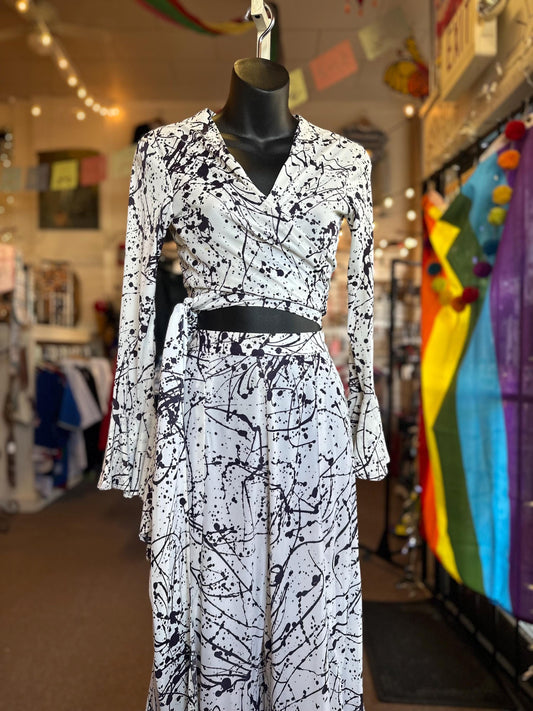 Vintage 1970's Jack Hartley of Miami Two Piece Disco Bell Bottom Ink Splatter Halter Jumpsuit XS.